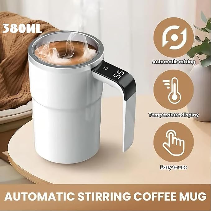 Automatic Self Stirring Coffee Mug Rechargeable, Mixing Cup with Temperature Display, Travel Cup with Lid, Hot Beverage Warmer, Gift for Home Office Kitchen Travel Birthday Christmas Gift (Green)