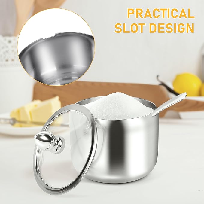 holoith Sugar Container with Glass Lid and Spoon - 10oz Stainless Steel Sugar Bowl for Coffee Bar Station Accessories Kitchen Storage for Salt, Candy, Coffee Bean (Silver)
