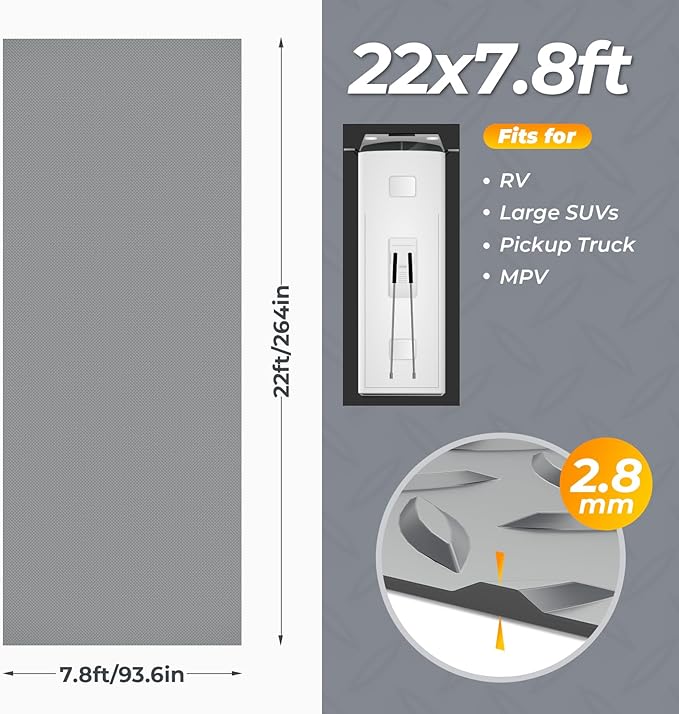 Geemax 7.8 x 22 FT Garage Floor Mat, 2.8mm Thickness Diamond Plate Vinyl Garage Flooring Roll for Under Car, Large Size 172 SQFT for Large SUVs, MPV, Pickup Truck, RV