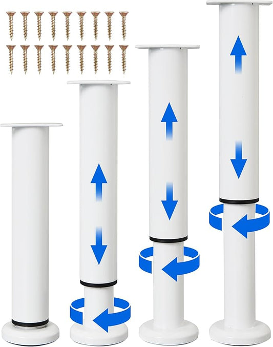 4 PCS Adjustable Height Bed Support Legs [with 18PCS Screws] for Bed Frame/Bed Center Slat, Heavy Duty Furniture Replacement Legs 7.08-12.2 inch for Sofa/Cabinet/Couch/Dresser/Table (White)