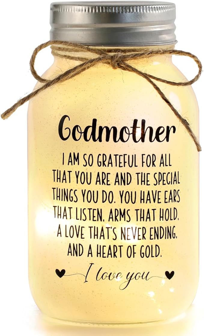 Maracco Godmother Mothers Day Gifts from Godchild, Proposal Godmother Birthday Gift, Mason Jar with 10 Warm Lights, Best Gifts for Godparents, Mason Jar Lights for God Mommy (30oz)