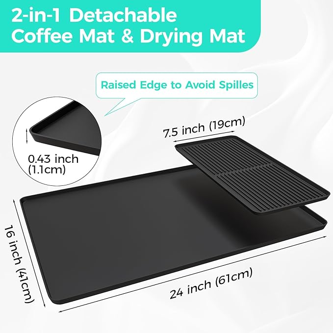2-in-1 Coffee Mat & Dish Drying Mat Coffee Bar Mats for Countertop Coffees Matt for Counter Silicone Coffees Espresso Machine Station Mats Under coffe Maker Spill Matt Countertops Pot 24×16inch