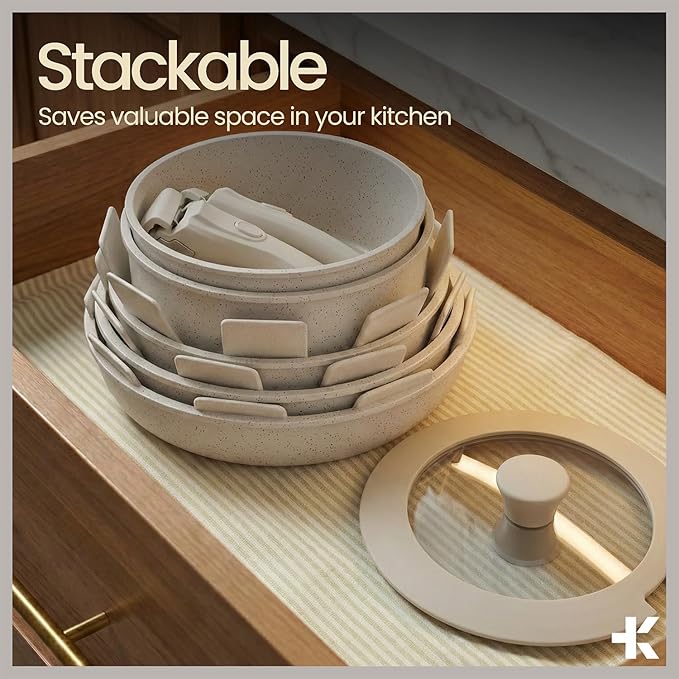 Pots & Pans Set Non Stick Ceramic-Granite – 14-Piece Cookware with Detachable Handles, Stackable Space-Saving, Dishwasher Safe, Stain-resistant, Oven & All-Stove Safe, Tempered Glass Lids, White Cream