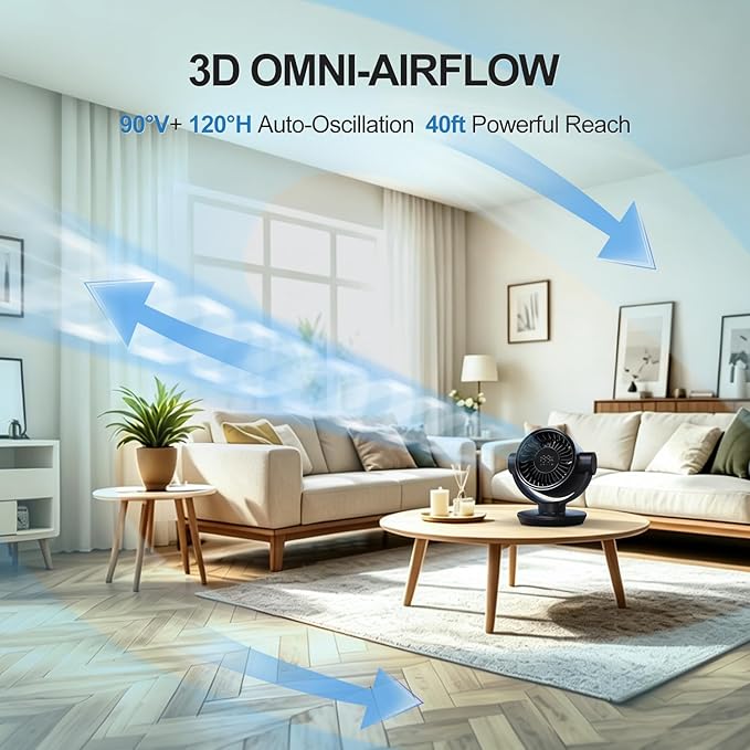Fan for Bedroom, Table Air Circulator Fan 9 Inch Remote, 90°+120° Auto Oscillation Desk Fan, 10dB Quiet, 6-Speed, Powerful Mode Cordless, Max 12H Timer 8000mAh Battery 40ft Airflow, LED Display
