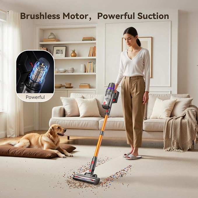 TechRise Cordless Vacuum Cleaner for Home, 550W 45KPa for Pet Hair & Floors | 60 Min Runtime, HEPA Filter, Self-Standing Design, Anti-Tangle Brush & LED Light for Carpets and Hard Floor Cleaning