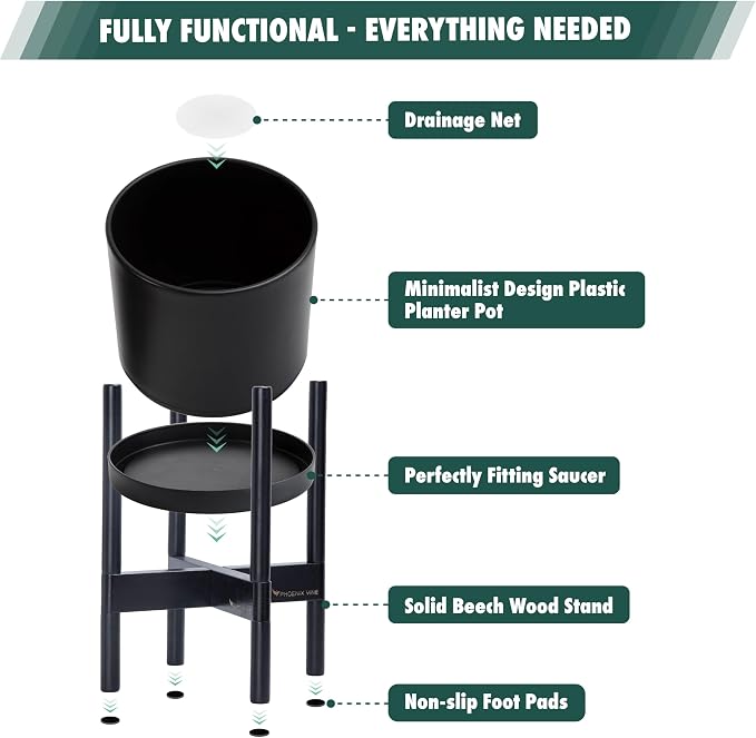 D'vine Dev Plastic Pot with Ebony Wood Stand, Black, 14 in, 55-C-T-2 | Mid-Century Inspired Design, Elevated Plant Display, Clean Lines, Sturdy Support, Modern Space-Saving Style