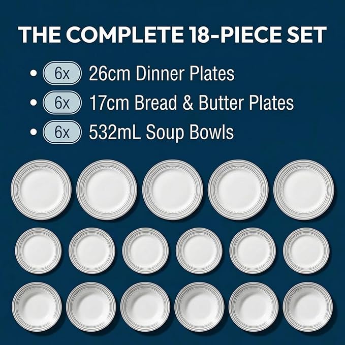 Corelle Vitrelle 18-Piece Service for 6 Dinnerware Set Triple Layer Glass and Chip Resistant, Lightweight Round Plates and Bowls Set, Mystic Gray