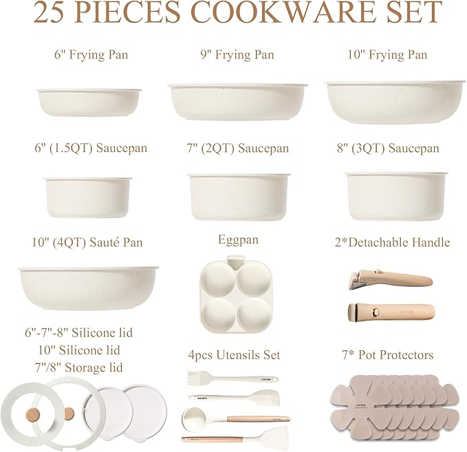 CAROTE Pots and Pans Set Non Stick, Cookware Sets, Kitchen Set, Oven/Dishwasher/Fridge Safe, Space Saving Pots Set, Nonstick Set with Versatile Detachable Handle, Induction RV Set, Cream