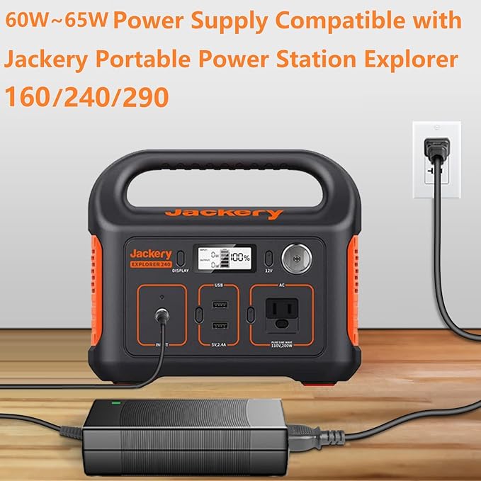 for Jackery 160/240/290 Charger,65W AC Adapter for Jackery Explorer 160/240/290/E290/E240/E160 & Honda 290/200 Portable Power Station Solar Generator Power Supply Battery Charger Cord