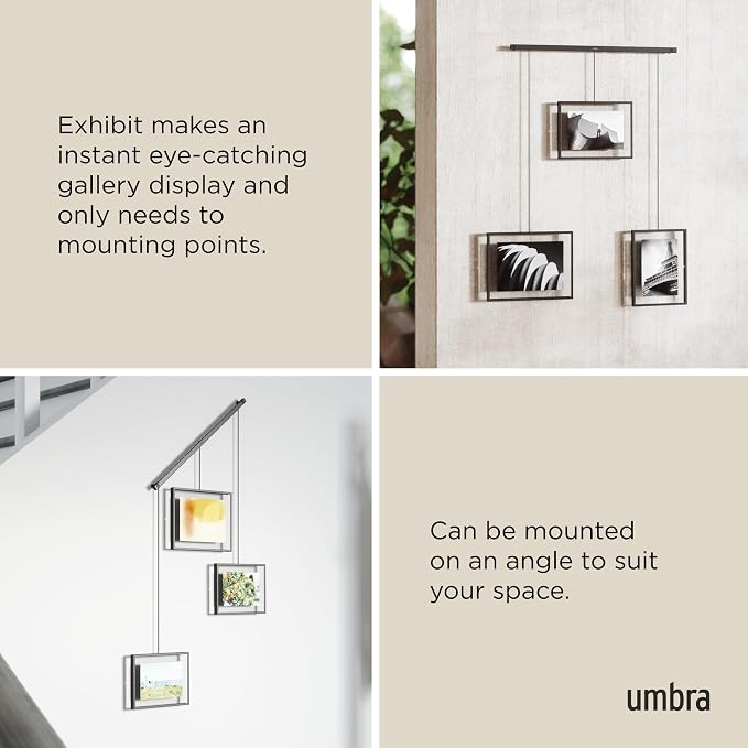 Umbra Exhibit Picture Frame Gallery Set, Adjustable Collage Display for 3 Photos, Prints, Artwork and More, Holds two 4x6" and one 5x7" Photos, Black