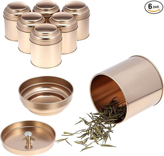 QWORK Tea Tin Canisters with Airtight Double Lids, 8 fl oz Each, 6 Pack Metal Containers, Mini Tea Storage Containers for Loose Leaf Tea, Tea Bags, Coffee, Sugar, Spices, Rosegold