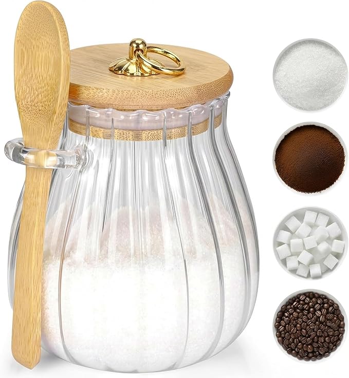 holoith Sugar Container with Bamboo Lid and Spoon,15 oz Sugar Bowl Glass Jar for Coffee Bar Accessories Coffee Canister Kitchen Decor Housewarming Gift Christmas Refillable Design