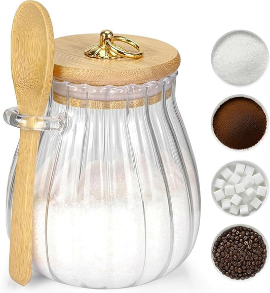 holoith Sugar Container with Bamboo Lid and Spoon,15 oz Sugar Bowl Glass Jar for Coffee Bar Accessories Coffee Canister Kitchen Decor Housewarming Gift Christmas Refillable Design