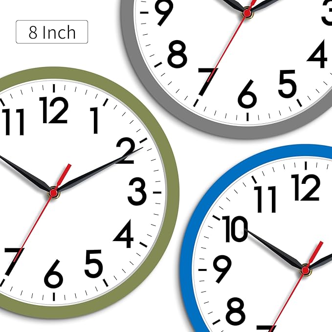 AKCISOT 8 Inch Wall Clock, Battery Operated Analog Clock, Silent Non-Ticking, Ideal for Bedroom, Bathroom, Kitchen, Office and School, Blue
