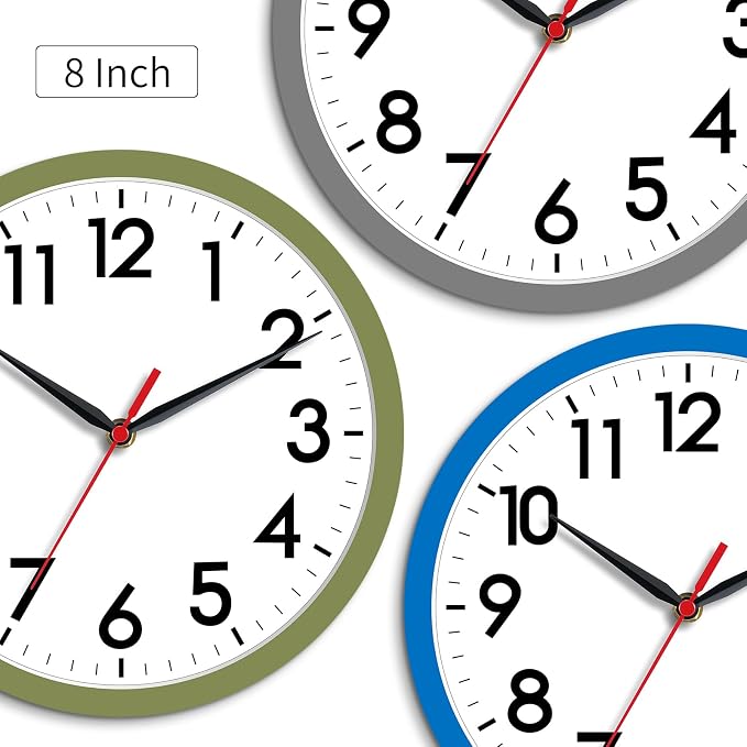 AKCISOT 8 Inch Wall Clock, Battery Operated Analog Clock, Silent Non-Ticking, Ideal for Bedroom, Bathroom, Kitchen, Office and School, Gray