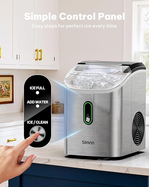 Silonn Nugget Ice Maker Countertop, Pellet Ice Machine with Self-Cleaning Function, Sonic Ice Maker Produces 36lbs of Chewable Ice in 24 Hours, Ideal for Home Kitchen and Office (Stainless Steel)