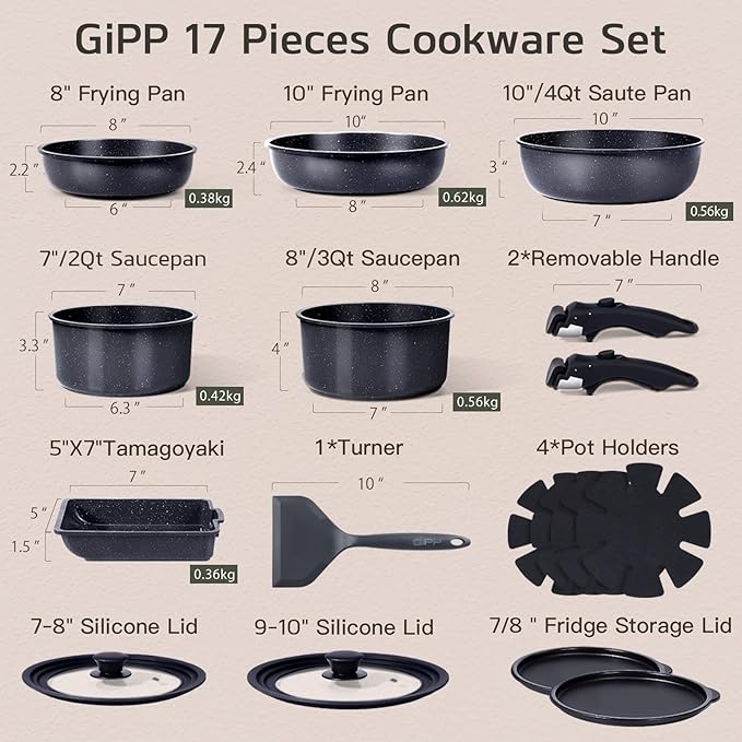 GiPP Ceramic Pots and Pans Set Non Stick, Nonstick Detachable Handle Cookware Sets, Healthy Non Toxic PFAS PFOA & PTFE Free, Dishwasher ＆Oven Safe, Induction Kitchen Pot and Pan, 17 Piece Gray