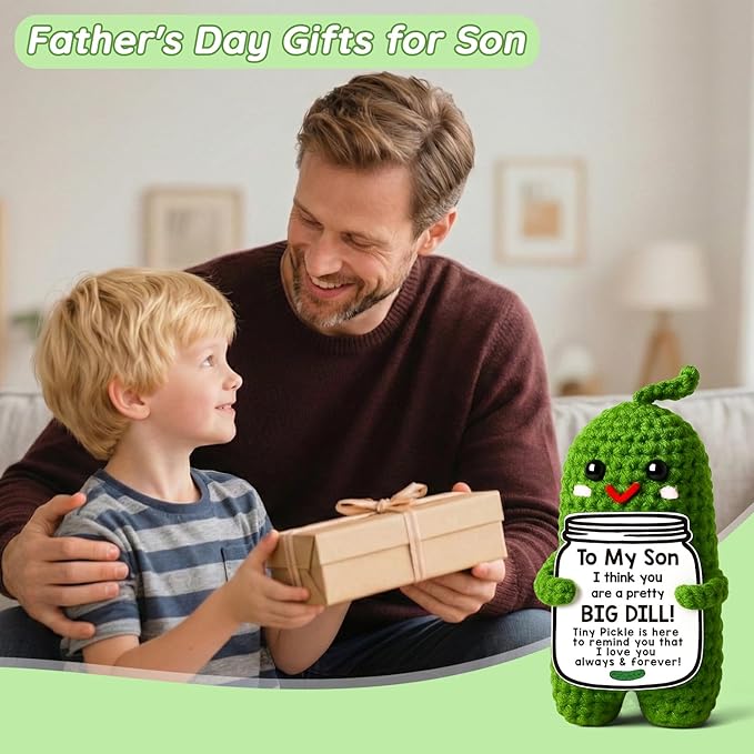 MAMAGIFTREE Son Gifts from Mom Dad, Fathers Day Birthday Gifts for Teens Boys, Handmade Crochet Pickle Graduation Gifts for Adults Son in Law Bonus Step Best Son Ever Gift