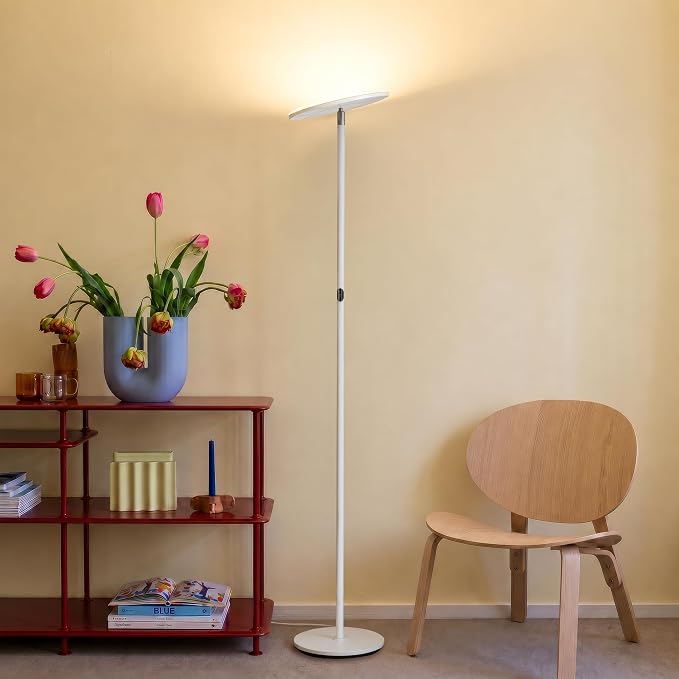 Brightech Sky LED Floor lamp, Torchiere Super Bright Floor Lamp for Living Room Decor & Office - Dimmable, Tall Standing Lamp with Warm Light for Bedroom & Reading - White