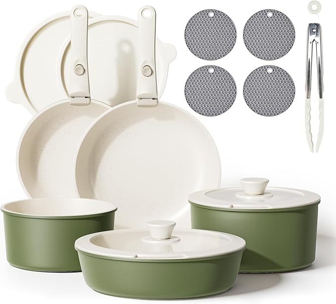 Caannasweis Detachable Nonstick Cookware Set - Stackable Induction Pots and Pans With Removable Handles, Dishwasher Safe - For RV Camping, Oven and Stovetop Use, 5 Pieces (Green)