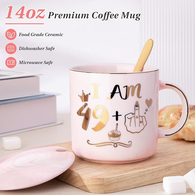ALBISS Funny 50th Birthday Gifts for Women, 14oz Pink Marble Ceramic Coffee Mug with Gold 49+1 Sassy Hand Design, Elegant Turning 50 Gift for Her, Greeting Card & Gift Box Included