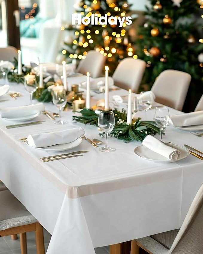 Pureegg Plastic Table Cloth Disposable 20 Pack, 54 x 108 Inch Table Cloths, Party, Picnic, Wedding, Decorative Tablecloths, Rectangle, White Plastic Cover, Leakproof & Sturdy, White