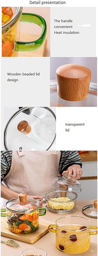 Glass Cooking Pot with Cover, Heat Resistant Glass Saucepan Cooking Pot and Pan with Lid, Glass Cookware Set Cooktop Safe for Pasta Noodle, Soup, Milk, Baby Food (Yellow wooden bead lid- 1700ml)