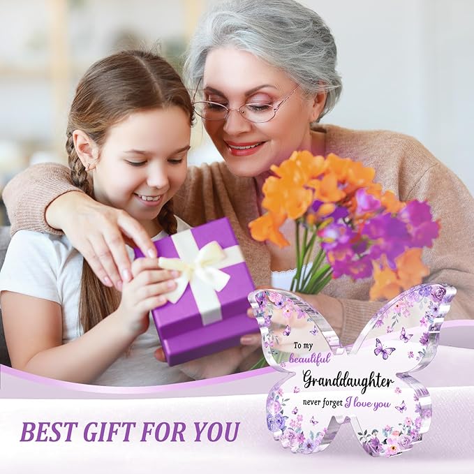 Granddaughter Gifts from Grandma Grandpa - Unique Purple Butterfly Acrylic Plaque Desk Decor - Mothers Day Christmas Valentines Day Graduation Gift for Granddaughter - 5 x 3.8 x 0.5 inches