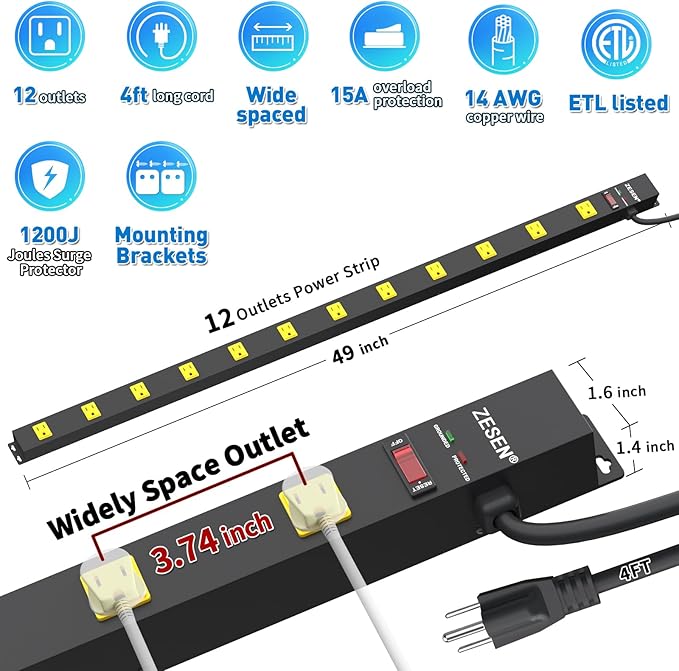 12 Outlet Long Power Strips Heavy Duty Wide-Spaced Outlets Industrial Power Strip Surge Protector with 4ft Cord for Garage Workshop Office Home, ETL Certified, 1875W, Black