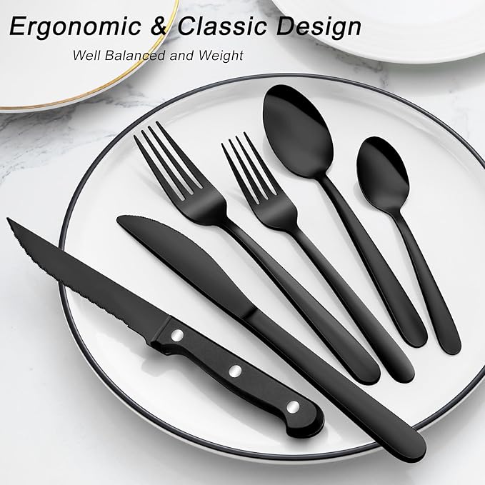 Pleafind 24Pcs Black Silverware Sets for 4 - Dishwasher Safe, Flatware Set with Steak Knives, Stainless Steel Cutlery Set, Include Forks Spoons and Knives Set, Utensil Sets for Home Restaurant