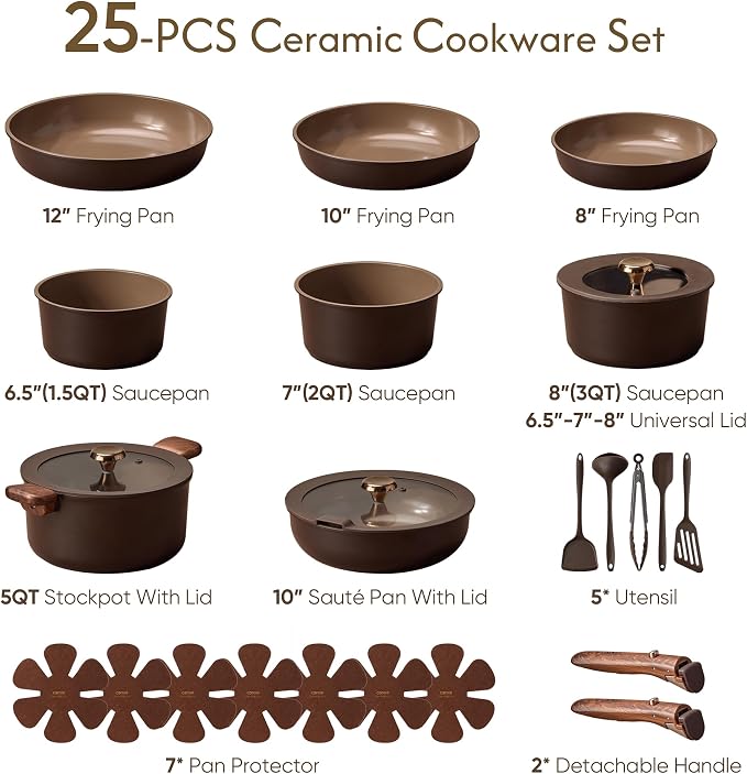 CAROTE 25pcs Ceramic Cookware Set, Pots and Pans Set with Detachable Handle | Non-Stick, Non-Toxic, PFAS and PFOA Free, Induction Compatible, Dishwasher & Oven Safe, Space Saving, Camping Cooking, Brown
