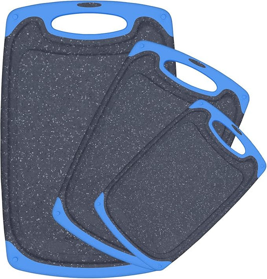 Viretang Non Slip Cutting Board, 3 Pieces Dishwasher Safe Cutting Boards with Juice Grooves, Easy Grip Handle, Non-Slip, with Grinding Area for Grinding Garlic and Ginger（blue）