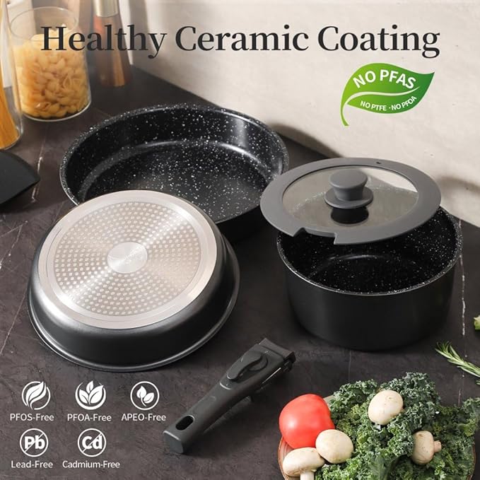 Pots and Pans Sets Non Stick，6PCS Ceramic Cookware Sets Nonstick Detachable Handle，Induction hob Pans(Grey)