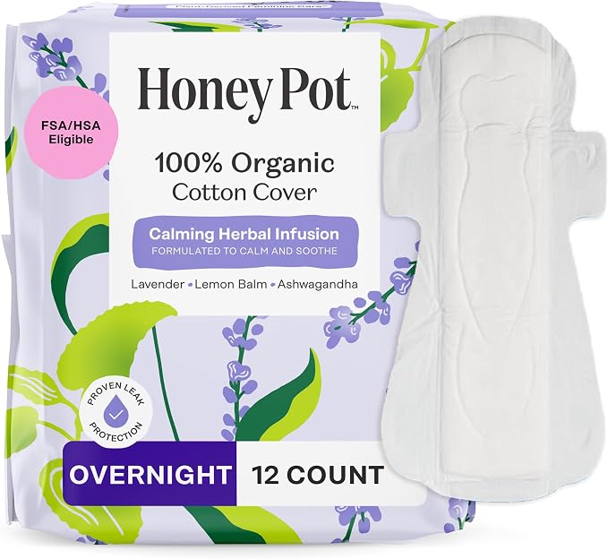 The Honey Pot Company - Calming - Overnight - Pads for Women | 100% Organic Cotton Cover - Calming Herbs of Lavender, Ashwagandha, & Lemon Balm - Pads w/Wings - Feminine Care - 12ct