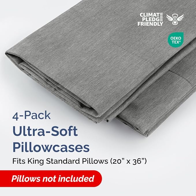 King Standard Pillow Cases Set of 4 - Soft Hotel Quality Pillowcase Covers - Comfy Bedding for Women, Men, Kids & Teens - Machine Washable Pillow Protectors - 4 Piece - King Standard Heathered Grey