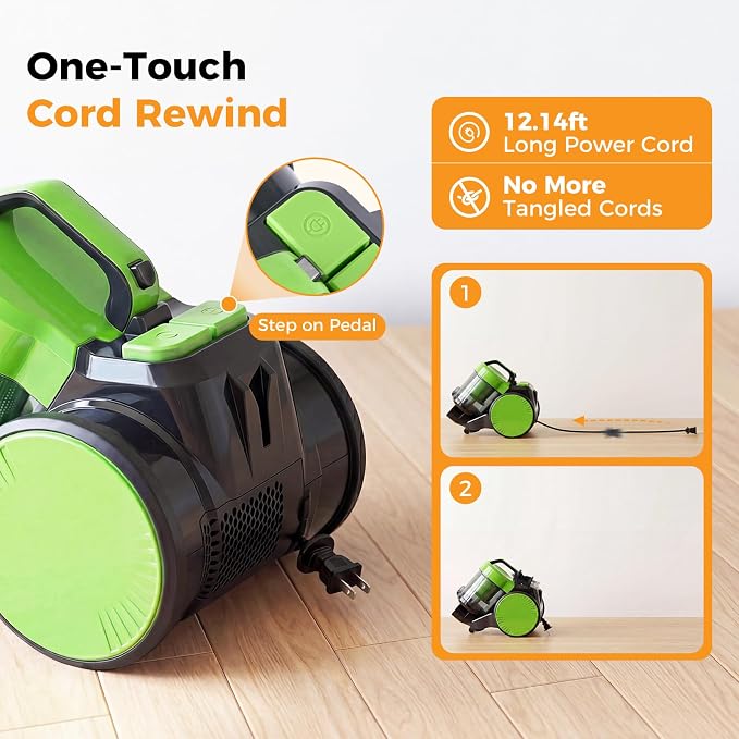 NEWBULIG Canister Vacuum Cleaners for Home, Strong Suction Bagless Vacuum Cleaner, 850W 16Kpa for Hard Floor and Carpet, Retractable Cord,1.8L Large Dust Cup