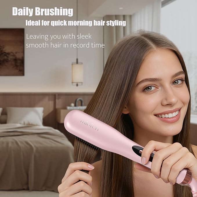Steam Hair Straightener Brush, 3-in-1 Hair Straightening Brush for Frizzy, Curly & Thick Hair and Short Hair, Steamer Straightener Brush for Anti-Frizz, Steamer for Reduced Heat Damage, Dual Voltage