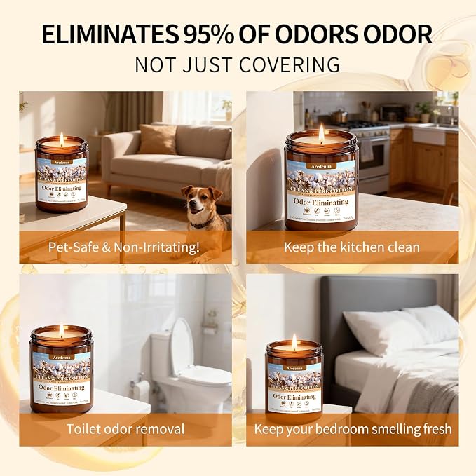 Clean & Pure Cotton Odor Eliminating Candles | Eliminates 95% of Pet, Smoke, Food, and Other Smells – 7 oz Soy Candle for Home Scented - Air Freshing Scented Candles, Up to 50 Hour Burn Time