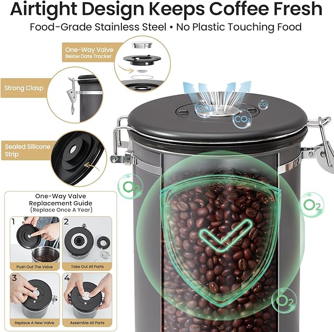 Veken Coffee Canister, 39OZ Large, Airtight Stainless Steel Food Storage Container for 2.2lbs Coffee Beans,Ground, Sugar,Espresso,Rice,Tea,Flour, Cookie, Jars,Home Kitchen Bar Accessories, Gifts,Gray