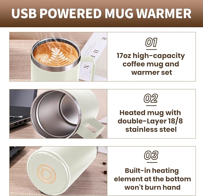 DEQIANG Self Heating Coffee Mug, Heated Coffee Mug with Smart Mug Warmer & Ergonomic Handle, Auto Heat to 131°F, USB-Powered Desk Warmer for Office Home Use, Ideal Coffee Lovers Gift (17oz White)