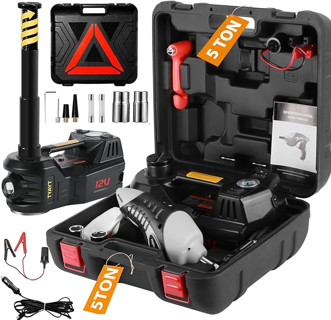 Electric Car Jack Kit 5 Ton 12V Floor Jack with Impact Wrench and Tire Inflator Pump Portable Hydraulic Car Jack for SUV Sedans Tire Change with LED Light, Lifting Height 6 to 17.7 Inch (Black)