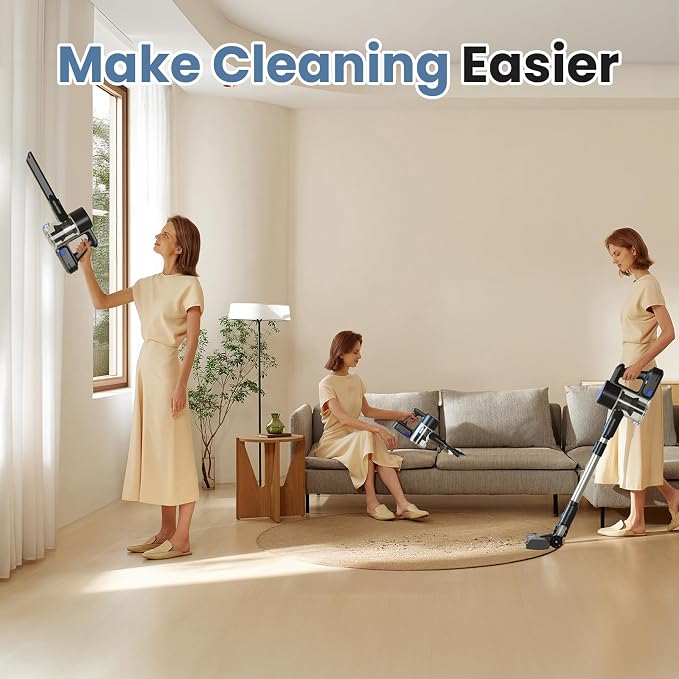 OLIXIS Cordless Vacuum Cleaner, Rechargeable Upright Cleaner with Flexible Steering, Extendable Wand, LED Headlight, 3 Brushes & Wall Mount, Handheld Vacuum for Hardwood Floor Home Cleaning