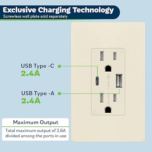 TOPGREENER 2-Port USB Outlet, Type C USB Wall Outlet, 15 Amp TR Receptacle Plug, Charging Power Outlet with USB Ports, Wall Plate Included, TU21536AC-LA-2PCS, Light Almond, 2 Pack