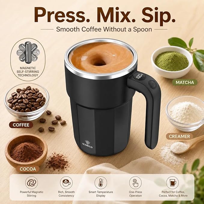 Self Stirring Coffee Mug, 12oz Rechargeable Magnetic Mixing Cup with Temperature Display, 316 Stainless Steel Electric Stirring Cup with Lid & Handle for Coffee, Cocoa, Matcha, Creamer, Mushroom Coffe