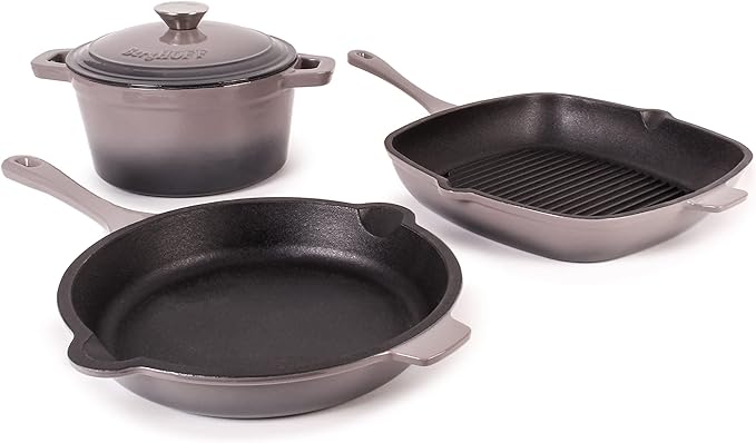 BergHOFF Neo 4Pc Enameled Cast Iron Cookware Set, Grill Pan 11 inches, Fry Pan 10 inches, 3qt. Dutch Oven, Matching Lid, Fast, Evenly Heat, Oven Safe (Oyster)
