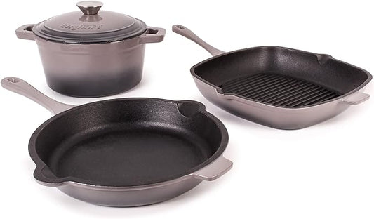 BergHOFF Neo 4Pc Enameled Cast Iron Cookware Set, Grill Pan 11 inches, Fry Pan 10 inches, 3qt. Dutch Oven, Matching Lid, Fast, Evenly Heat, Oven Safe (Oyster)