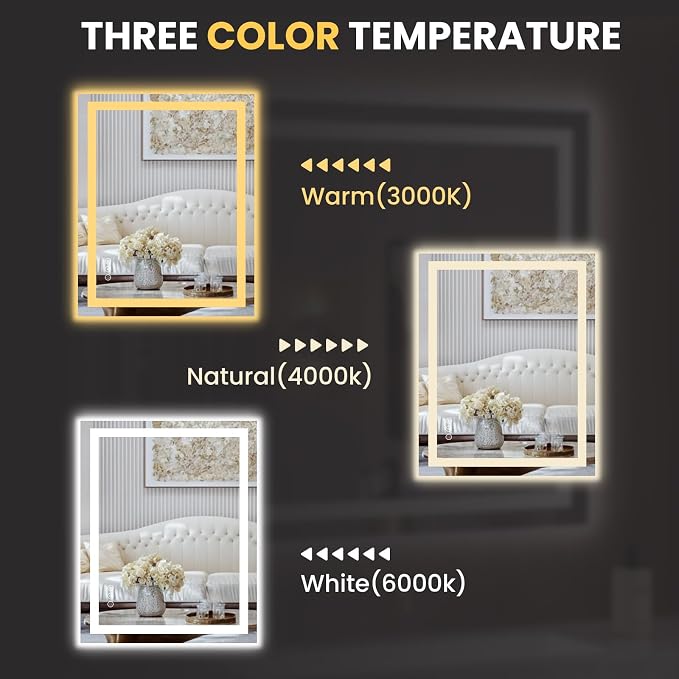LOAAO 28"X36" LED Bathroom Mirror with Lights, Anti-Fog, Dimmable, Backlit + Front Lit, Lighted Bathroom Vanity Mirror for Wall, Memory Function, Tempered Glass, ETL Listed