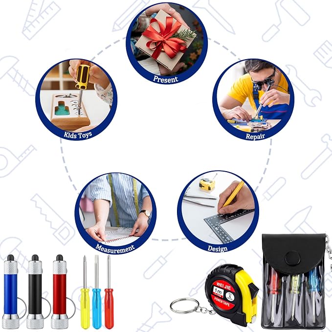 Jutom 27 Pcs Mini Tape Measure Keychain Screwdriver LED Light Keychain Bulk Men Adult Tool Party Gifts Prize for Man Father's Day Housewarming Gifts Adult Useful Tool Favors (Blue,Black,Red)