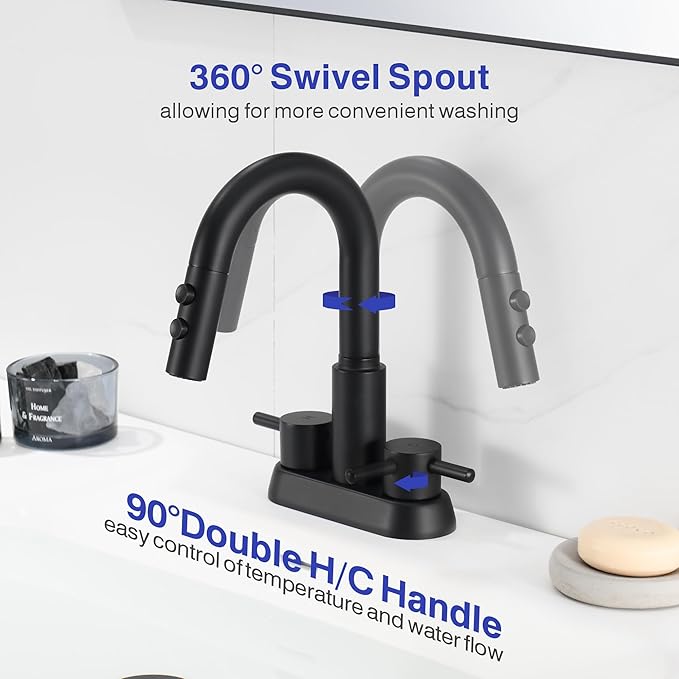 Kablle Bathroom Faucet with Pull Down Sprayer 3 Holes, Matte Black 4 inch 2 Handles Centerset Laundry Bar Basin Pull Out Bathroom Sink Faucet with Pop-Up Drain, KBL-6002B
