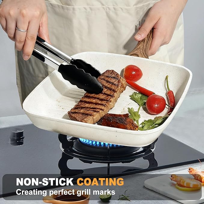 NEWBULIG 3-Piece Nonstick Grill Pan Set, Square Griddle Pans with Wooden Handles, Induction Cooktop Compatible, Nonstick Cookware for Steak, BBQ, Vegetables, Cream White (9.5", 10.2", 11")